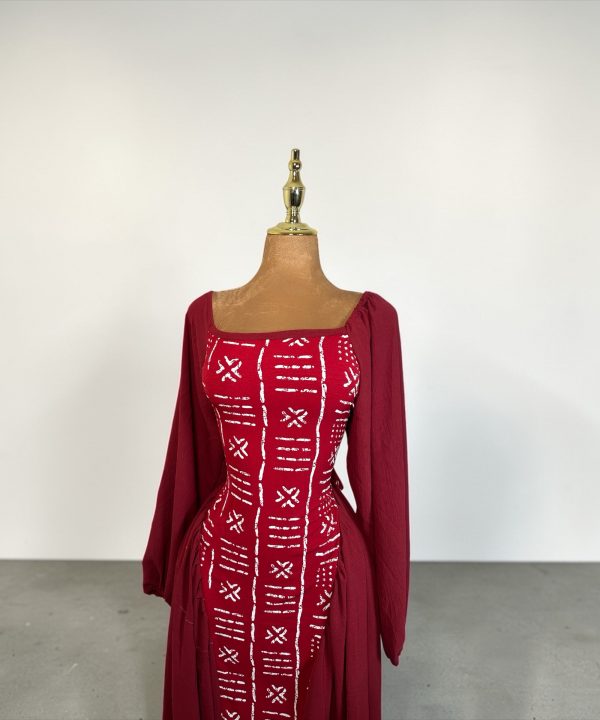 Robe Motif Bogolan rouge bordeau  et blanc